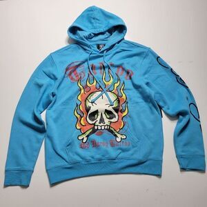 $125 NEW ED HARDY HOODIE DISTRESSED BURNING MAN SKULL SWEATSHIRT L LARGE NWT